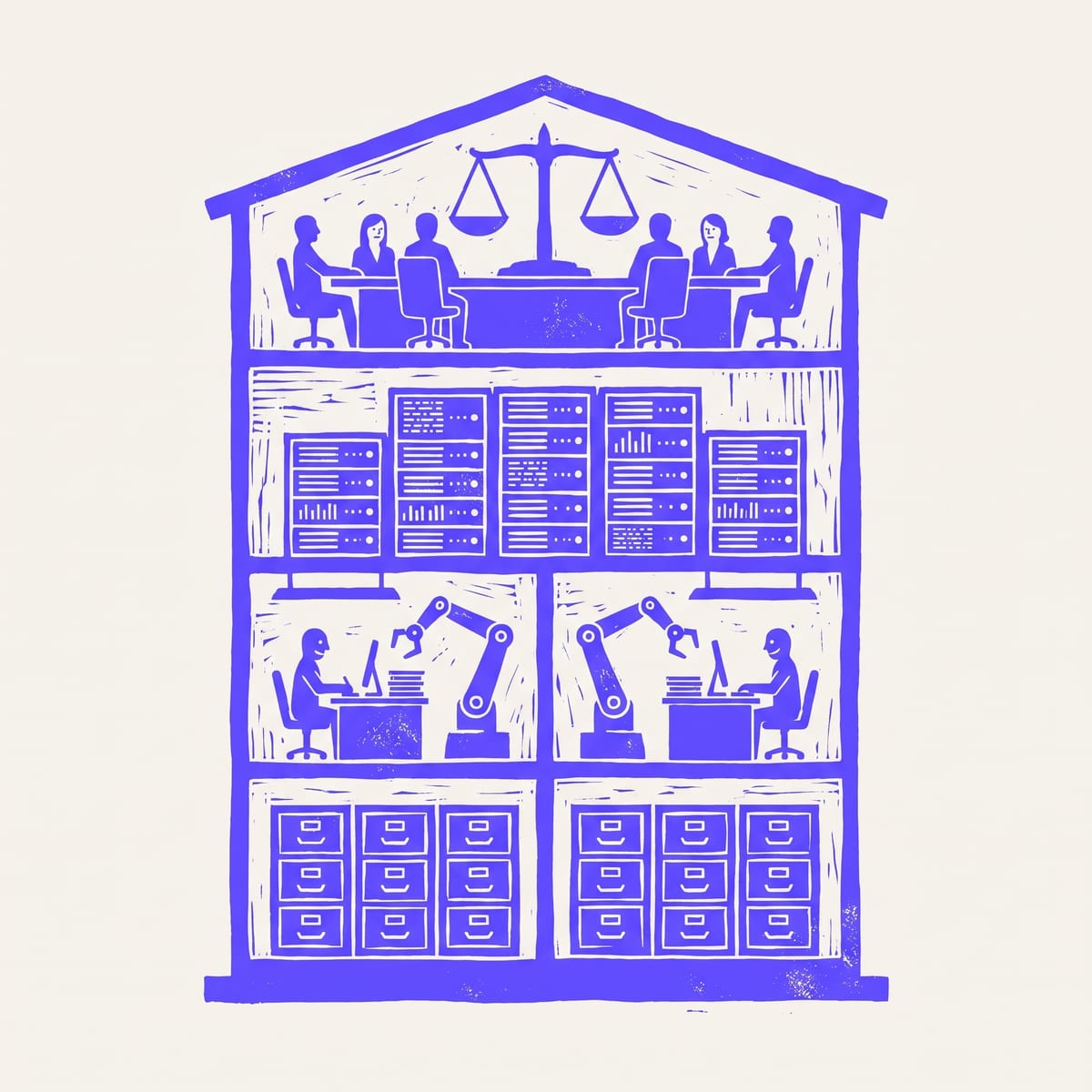 Illustration: Ein Bürohaus im Querschnitt, vier Etagen in fester Reihenfolge, von den Aktenschränken bis zum Vorstand.