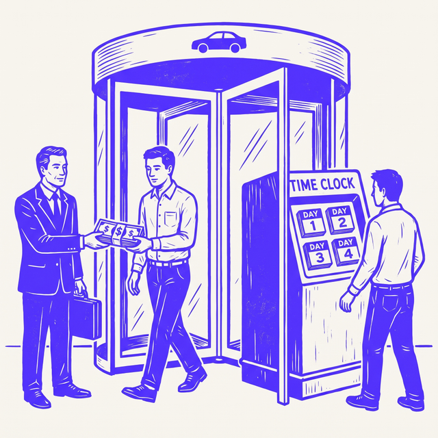 a revolving glass door at a car company headquarters, on one side a manager hands a thick money envelope to an office worker walking out, on the other side a time clock with four stamped days blocks the way in, bold screen print linocut style
