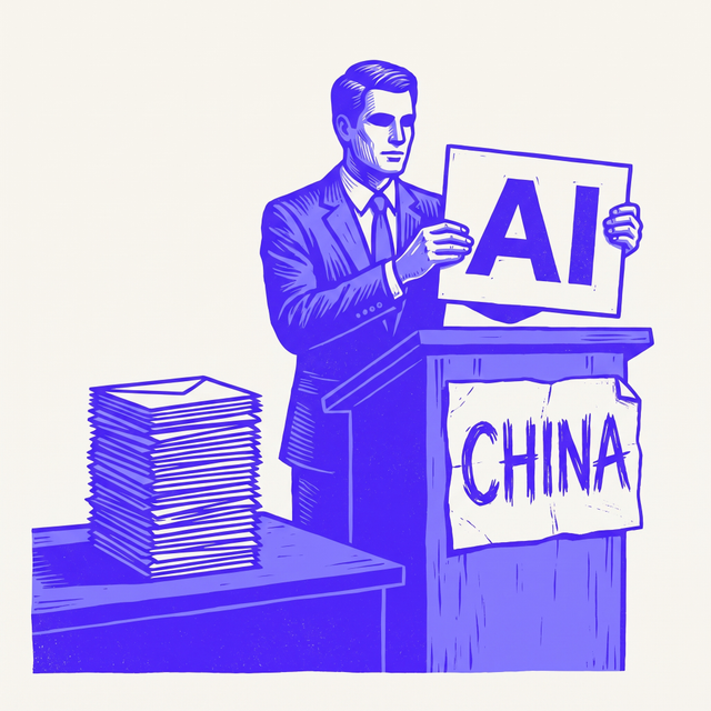 an executive at a lectern swaps a worn sign reading CHINA for a shiny new sign reading AI, while the same tall stack of severance envelopes stays untouched on the table beside him, bold screen print linocut style