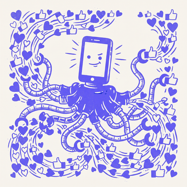 A chunky robot-octopus whose head is a glowing smartphone screen, its many little mechanical arms spilling out floods of likes and hearts, taking over the web, two-color screen print linocut style