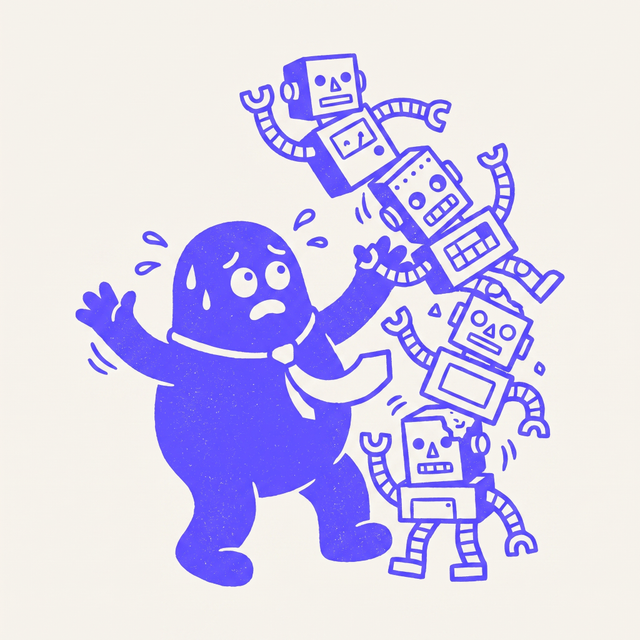 A chunky worried office-worker creature in a tie, sweating, trying to hold together a wobbling, toppling tower of mismatched little robot blocks tumbling out of its arms, two-color screen print linocut style
