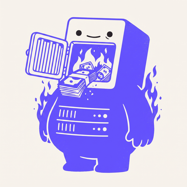 A chunky pot-bellied server-tower creature with a furnace door for a mouth, greedily gobbling and burning thick stacks of dollar bills with little flames around it, two-color screen print linocut style