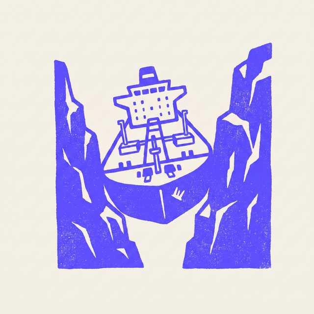 A cartoon oil tanker wedged tightly between two steep rock cliffs, mono-color screen print linocut style, cream background