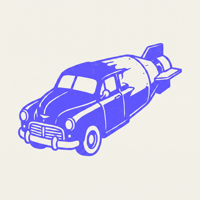 A cartoon vintage car body transforming into a large artillery shell, mono-color screen print linocut style, brand purple background