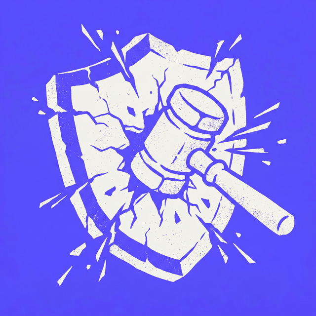 a crumbling shield with a gavel striking through it, bold screen print linocut style