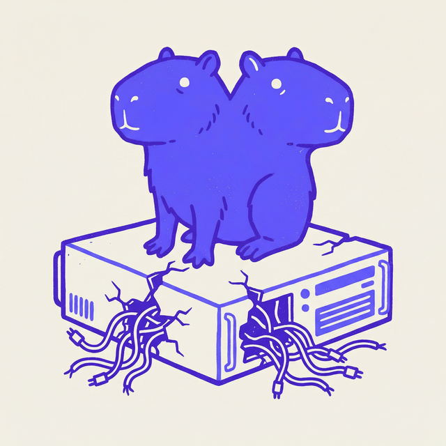 a capybara sitting on a cracked server, wires exposed, bold linocut screen print