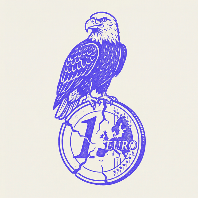 a stern eagle perched on a cracking euro coin, bold woodcut screen print