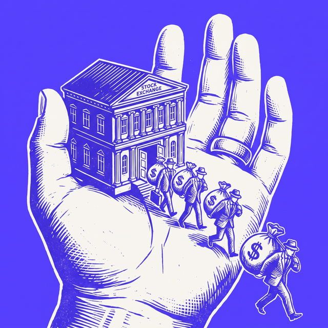 a giant hand wearing a single plain ring holds a small stock exchange building on its open palm, while a line of businessmen in suits walks out of the exchange doors carrying heavy sacks of money, bold screen print linocut style