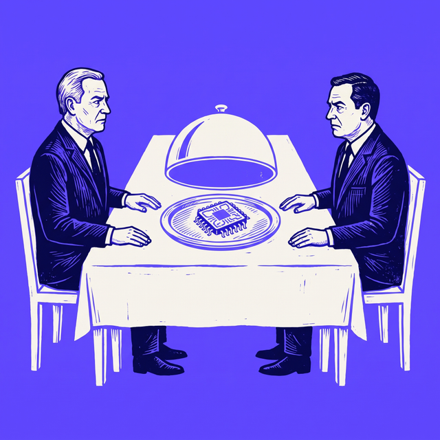 a long formal state dinner table seen from the side, two statesmen in dark suits seated upright at the far ends facing each other with their hands resting on the tablecloth, in the middle of the table a single computer chip lies on a silver platter under a raised cloche, both men eyeing the chip warily, bold screen print linocut style