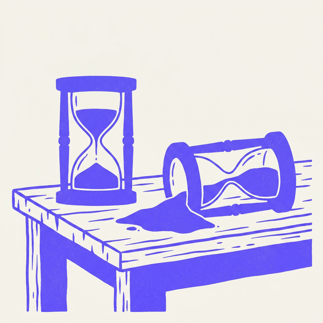 a pair of hourglasses on a wooden table, one almost empty and tipped, one full and upright, started from the same moment, bold screen print linocut style