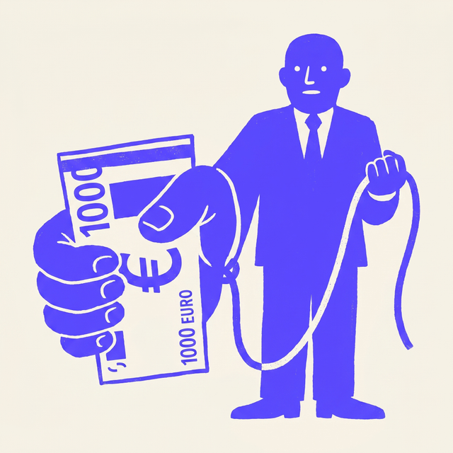 a businessman's outstretched hand offering a 1000 euro bill, the bill tied to a long cord held by another figure in a corporate suit behind him, bold screen print linocut style