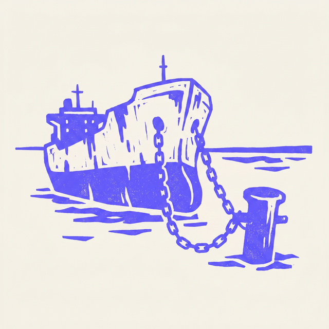 a rusted tanker hull chained to a heavy iron anchor post, a closed strait in the dark background, bold screen print linocut style