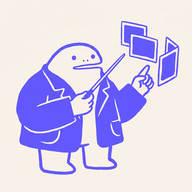 a chunky cartoon creature in a too-large project manager's blazer, standing in front of three floating screens and pointing at them with a conductor's baton, dot eyes, businesslike expression