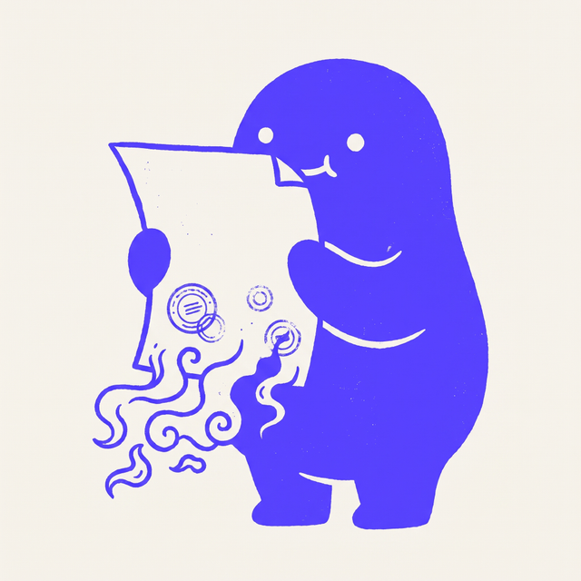 a chunky cartoon creature holding an official-looking stamped document up to its face, unaware the paper is quietly dissolving into smoke at the bottom edge, dot eyes, trusting expression