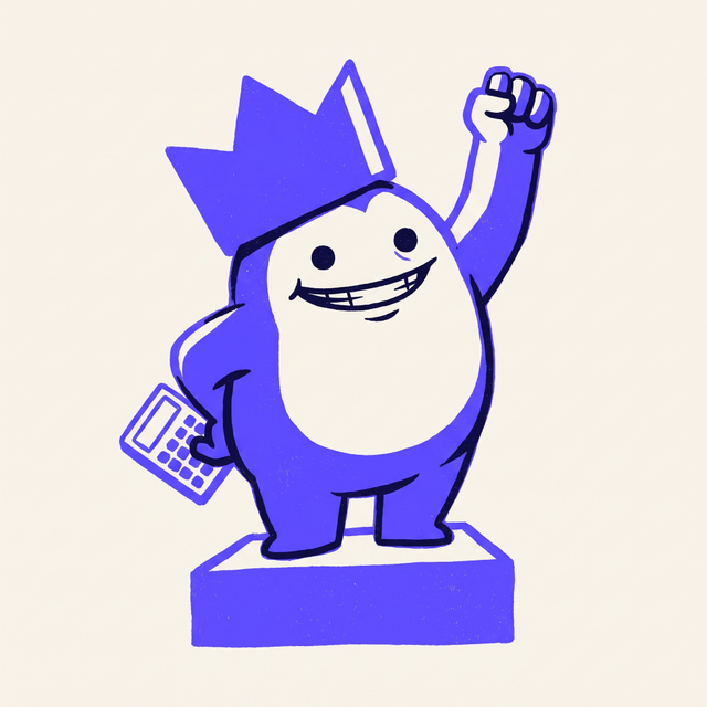 a chunky cartoon creature wearing an oversized crown and holding a tiny calculator behind its back, standing on a podium with one arm raised in triumph, dot eyes, showy grin