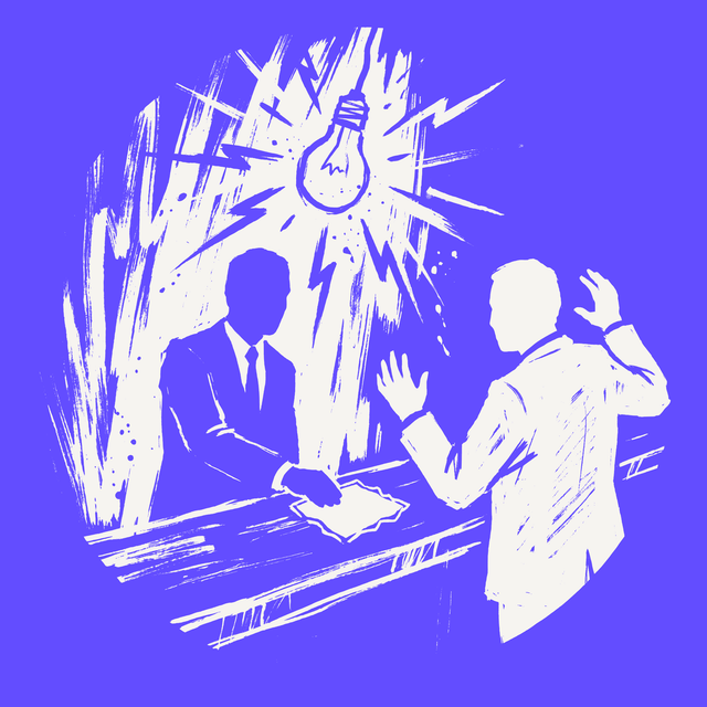 A politician in a suit, a dark violet negative silhouette, slides a blank square cardboard beer coaster with torn edges across a crooked bar counter toward a second man in a suit, a cream silhouette, who raises both hands. Above the counter a hanging light bulb bursts into a tall cream field of jagged electric rays. The scene stands freely on the violet ground, without any border.