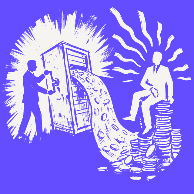 A manager in a plain suit, a dark violet negative silhouette, turns a heavy crank on a large crooked hand-drawn server cabinet. From the back of the cabinet a long cream stream of coins flows away to a second man in a suit, a cream silhouette, who sits relaxed on top of a tall heap of coins, with a few cream rays behind him. Flat violet ground fills the whole square image from edge to edge, no circle, no disc, no border.
