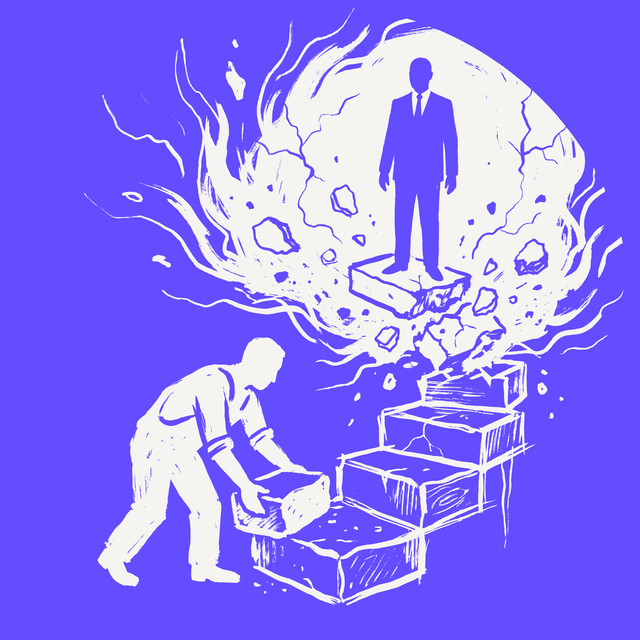 A builder in plain work clothes, a cream silhouette, lays a heavy rough stone block as the lowest step of a crooked staircase of four blocks. Above him a man in a suit, a dark violet negative silhouette, stands on a top block that floats without support and cracks apart, shedding crumbling pieces into a tall cream field of dust.