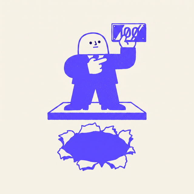 A chunky cartoon executive creature in a suit standing on a stage, proudly pointing at a small polished number board held up high, while directly beneath it in the same sheet of paper a huge ragged hole gapes open, dot eyes, mono-color screen print linocut style, cream background