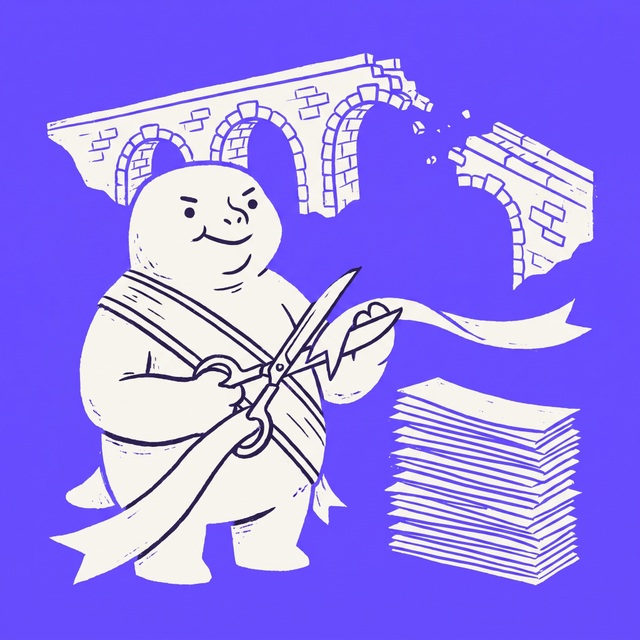 A chunky cartoon official creature in a sash cutting a ceremonial ribbon in front of a half-built stone bridge that breaks off in mid-air, beside it a tall stack of identical already-cut ribbons piled on the ground, dot eyes, proud expression, mono-color screen print linocut style, brand purple background