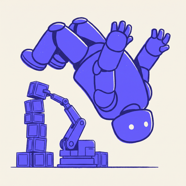 A chunky cartoon robot creature doing a dramatic backflip in a bright spotlight on a small stage, while behind it in the dim background a plain boxy six-axis industrial robot arm quietly stacks a tall tower of crates, dot eyes, mono-color screen print linocut style, cream background