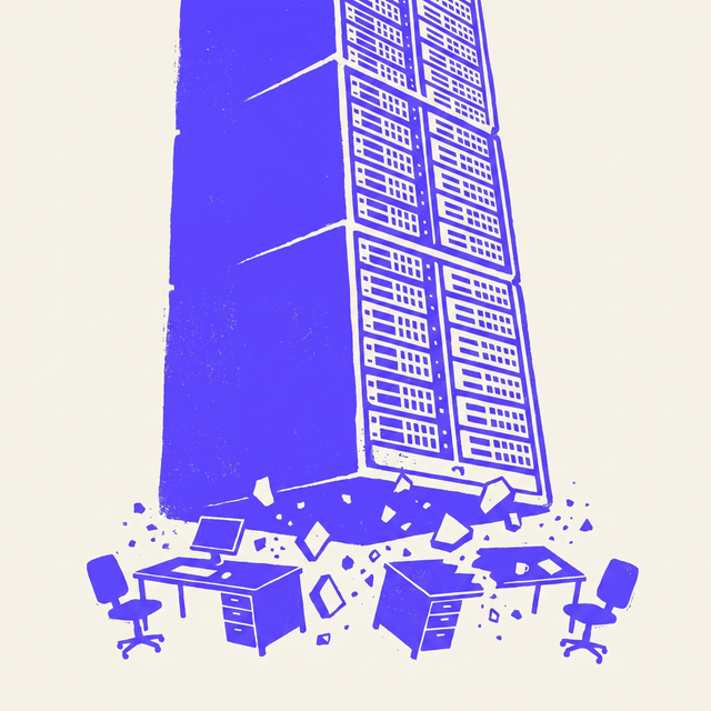 an enormous server stack growing into the sky while small office desks crumble at its base, bold linocut screen print, mono-color BOB purple on cream background, no gradients