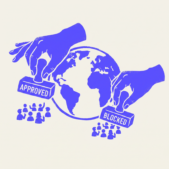 two large hands reaching from opposite sides of a globe each holding stamps labeled APPROVED and BLOCKED above tiny content creator silhouettes, bold linocut screen print, mono-color BOB purple on cream background, no gradients
