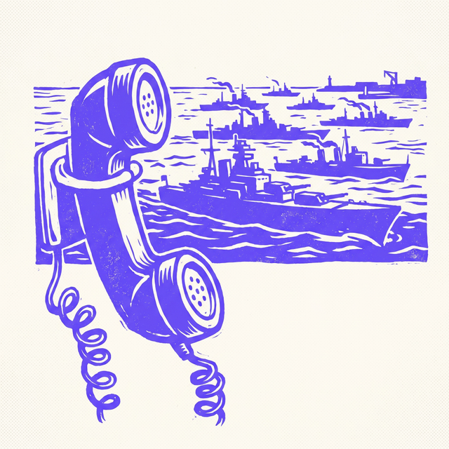 a single telephone receiver hanging off the hook in the foreground, behind it a fleet of warships sailing back to port, bold linocut screen print, mono-color BOB purple on cream background, no gradients