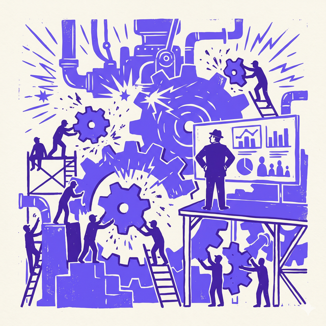 an army of small workers slipping wrong gears into a giant glowing machine while the boss watches an official dashboard, bold linocut screen print style, mono-color screen print, BOB purple #634DFF on cream #F6F4F0 background