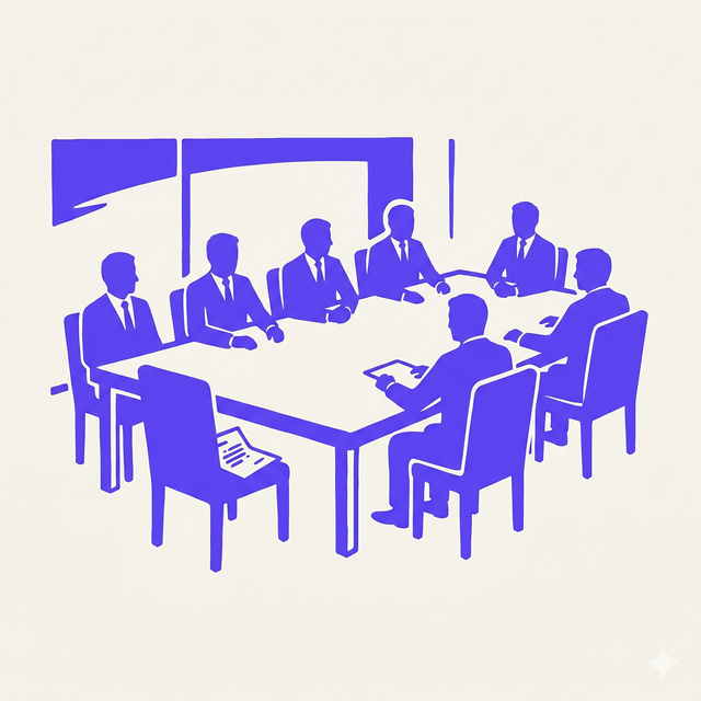 an empty boardroom with eight identical men around a long table, an open chair labeled Vorstand with a half-finished resignation letter on it, bold screen print linocut style, mono-color screen print, BOB purple #634DFF on cream #F6F4F0 background