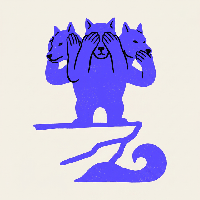 three figures in black silhouette covering their eyes, ears, and mouth standing on a cliff edge with a wave approaching, bold linocut screen print style, mono-color screen print, BOB purple #634DFF on cream #F6F4F0 background