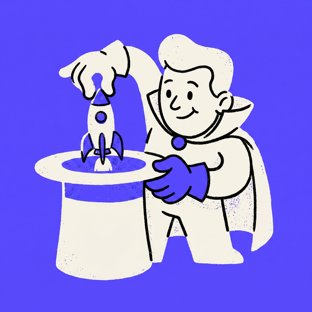 A cartoon magician character pulling a tiny rocket out of a top hat, mono-color screen print linocut style, brand purple background
