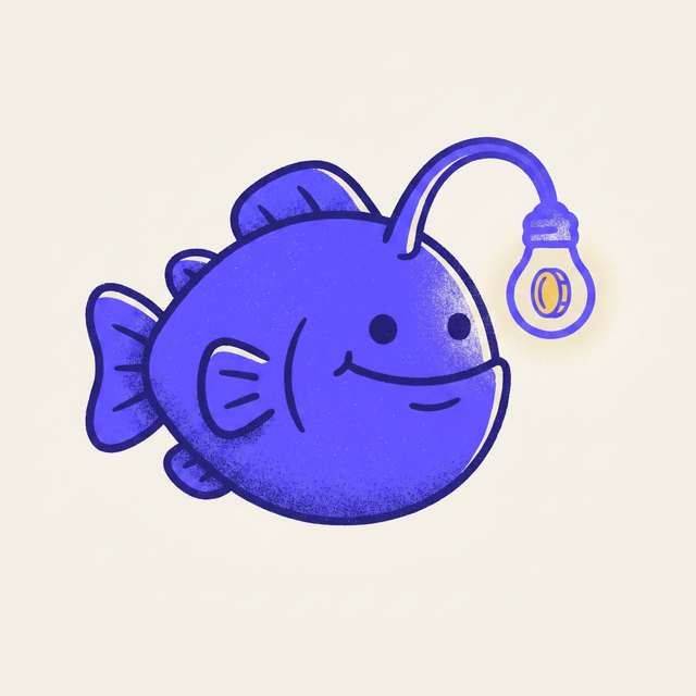 A friendly anglerfish character with a glowing lightbulb lure dangling a tiny golden coin, mono-color screen print style, cream background