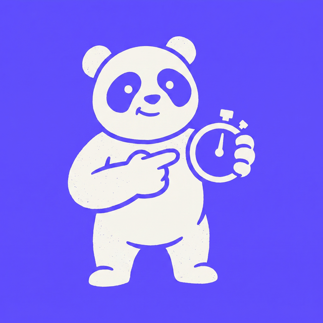 A confident panda character holding a stopwatch and pointing at it, mono-color screen print linocut style, brand purple background