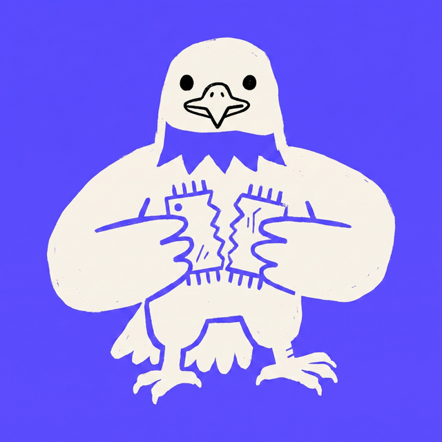 A cartoon eagle character holding a small broken microchip, mono-color screen print linocut style, brand purple background