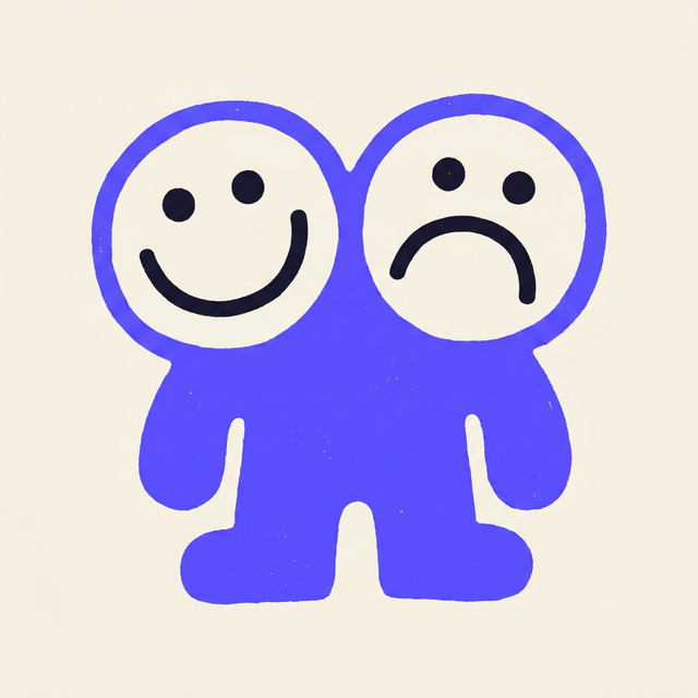 A cartoon two-headed character with one face smiling and one face frowning, mono-color screen print linocut style, cream background
