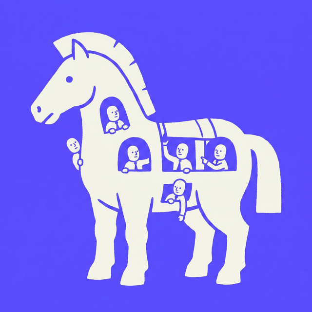 A cartoon trojan horse character with small businessman figures peeking out from inside, mono-color screen print linocut style, brand purple background