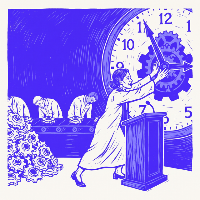 a minister at a lectern pushing the hands of a giant factory clock forward with both arms, while behind her exhausted assembly line workers slump over the belt beside an unchanged pile of finished parts, bold screen print linocut style