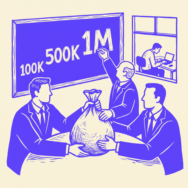 three executives in suits passing one heavy money sack around a round table, each chalking a bigger number on the board behind him, while outside the window an office worker types on a small laptop, bold screen print linocut style