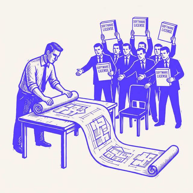 an architect in a suit rolling one long blueprint out across a plain desk, while behind him a crowd of salesmen holds up identical boxed software licenses toward an empty chair, bold screen print linocut style