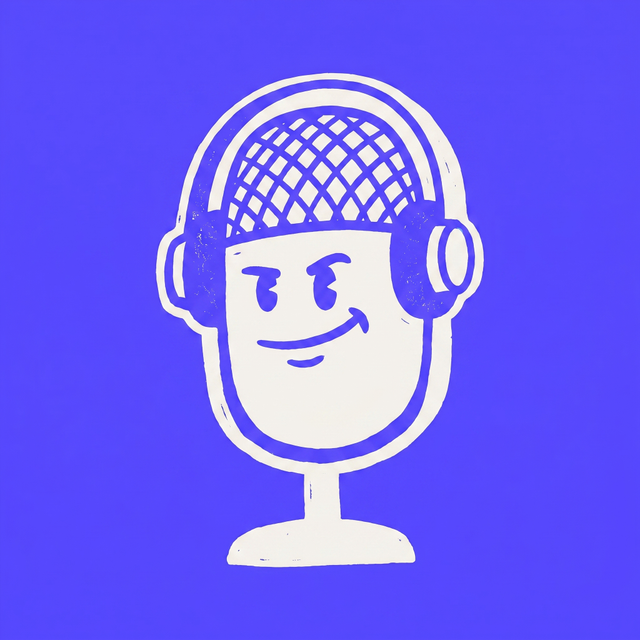A cartoon vintage microphone with a bold confident face and small headphones, mono-color screen print linocut style, brand purple background