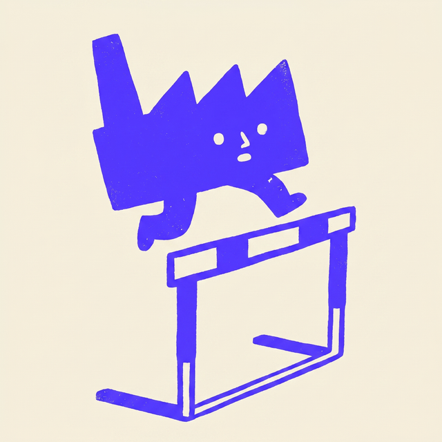 A cartoon factory building with little legs trying to jump over a tall track hurdle, mono-color screen print linocut style, cream background