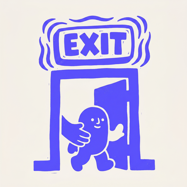 A cartoon glowing EXIT sign above a door, with a small figure being gently pushed through from behind, mono-color screen print linocut style, brand purple background