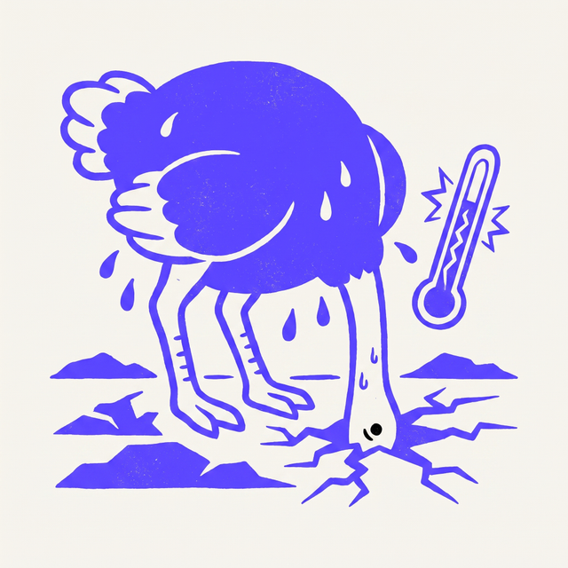 An ostrich burying its head deep into cracked scorched earth while its body sweats, a thermometer bursting beside it, mono-color screen print linocut style, brand purple background