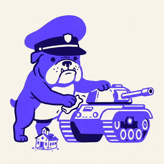 A stout bulldog wearing an oversized general's cap proudly polishing a brand-new tank, ignoring a tiny crumbling schoolhouse at its feet, mono-color screen print linocut style, cream background