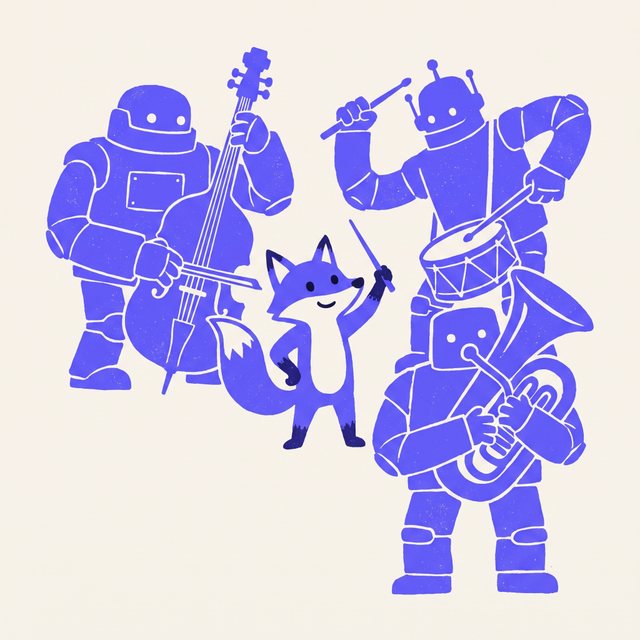A small clever fox raising a conductor's baton, directing three large lumbering robots like an orchestra, confident posture, mono-color screen print linocut style, brand purple background