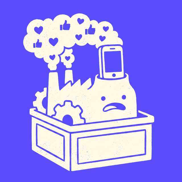 A chunky cartoon factory creature standing in a courtroom witness box, with a smartphone shape as its smokestack, puffing out thick clouds of little hearts and thumbs-up symbols, dot eyes, worried expression, mono-color screen print linocut style, brand purple background