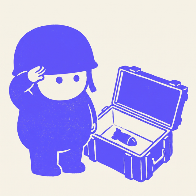 A chunky cartoon soldier creature in an oversized military helmet that slides down over its eyes, standing at attention and saluting beside a huge open ammunition crate, the crate completely empty except for one single small missile lying at the bottom, dot eyes, mono-color screen print linocut style, cream background