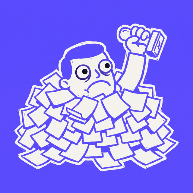 An exhausted cartoon doctor drowning in a towering pile of paper sick-notes, a rubber stamp raised in one hand, overwhelmed expression, mono-color screen print linocut style, brand purple background