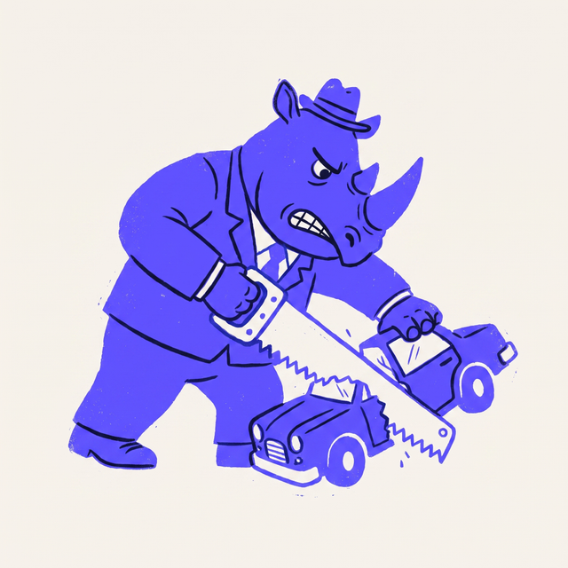 A stern cartoon rhinoceros in a business suit sawing a car in half with a large two-handed saw, pushing one half away, mono-color screen print linocut style, cream background
